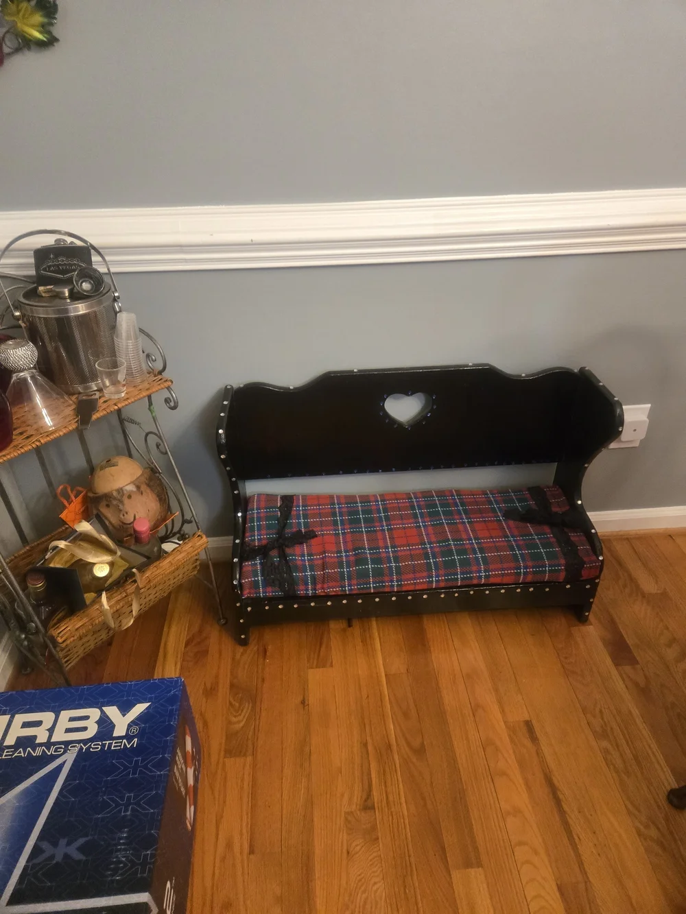 Black Wooden Heart-Back Bench Cover with Red Plaid Cushion
